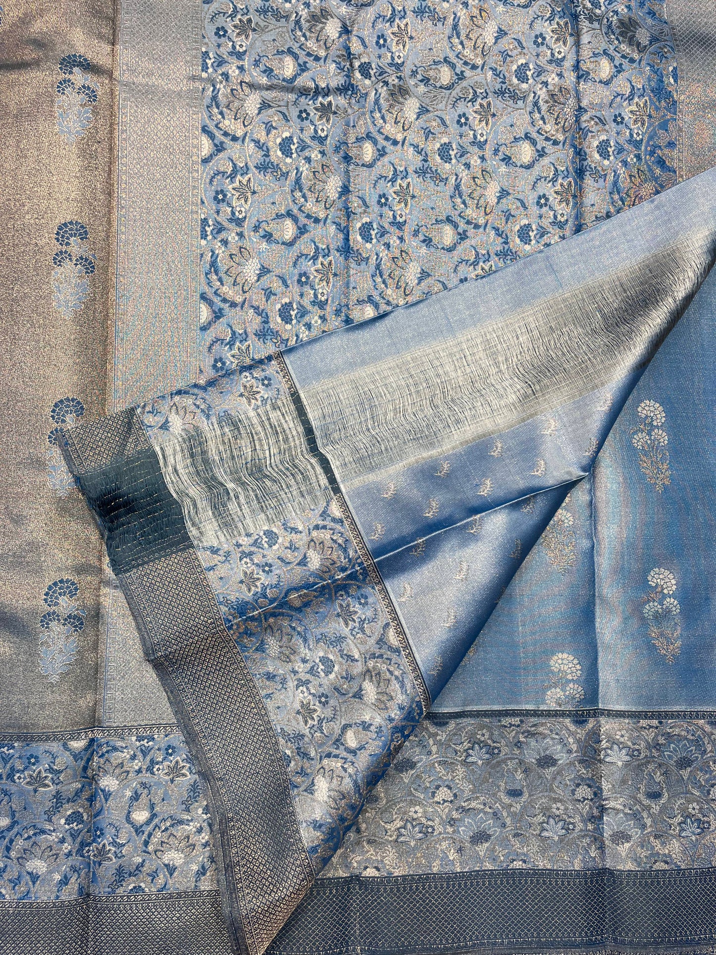 Kanchipuram Handloom Pure Silk Blue Tissue Saree - Sai Varun SIlks