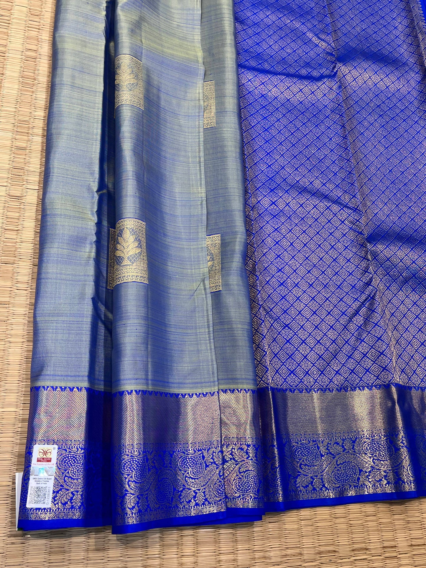 Kanchipuram Pure Silk Grey Double Shade Saree - Sai Varun SIlks