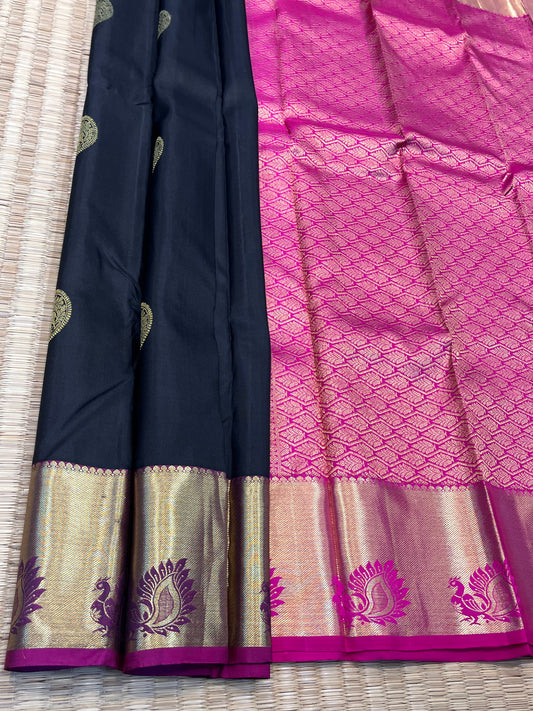 Kanchipuram Handloom Pure Silk Black Saree - Sai Varun SIlks
