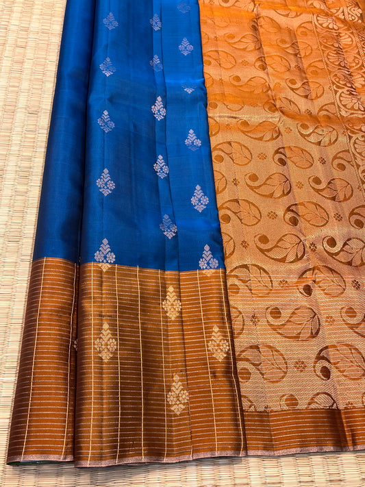 Blue Silk Saree With Brown Border - Sai Varun SIlks