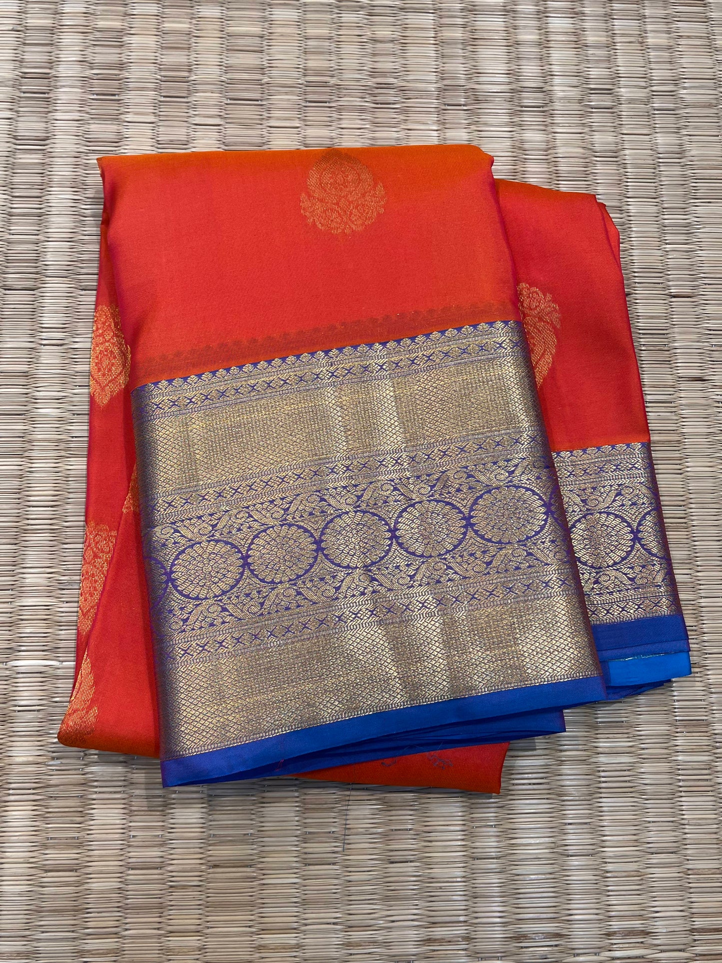 Orange Pink Silk Saree with Blue Border - Sai Varun SIlks