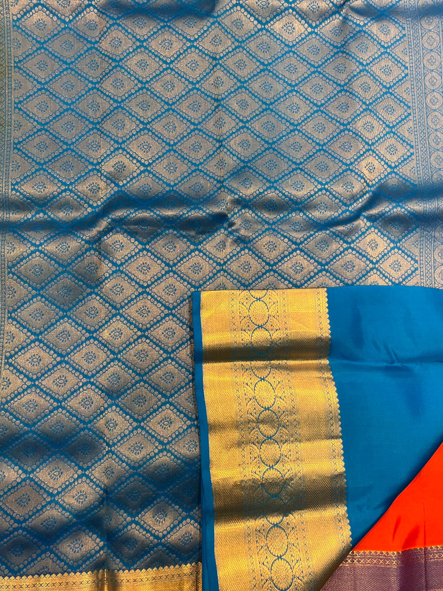 Orange Pink Silk Saree with Blue Border - Sai Varun SIlks