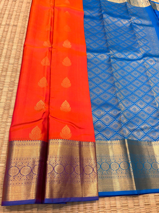 Orange Pink Silk Saree with Blue Border - Sai Varun SIlks
