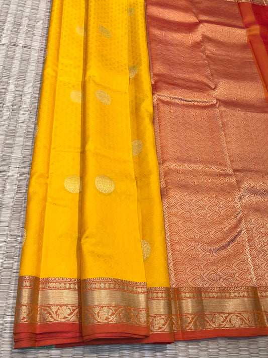 Yellow Pure Silk Saree with Orange Border - Sai Varun SIlks