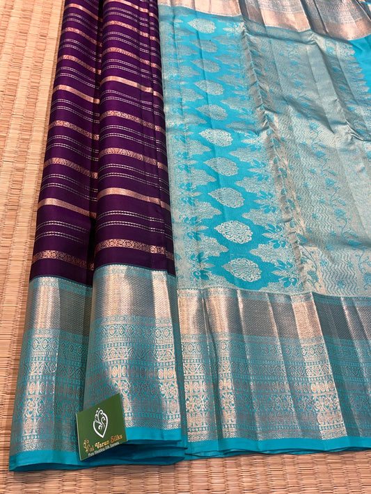 Handloom Silk Dark Violet with Blue Border Saree - Sai Varun SIlks