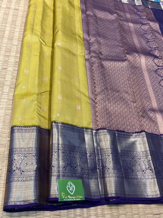 Handloom Silk Lemon Yellow WIth Blue Border saree - Sai Varun SIlks