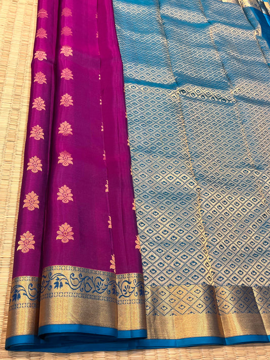 Magenta Silk Saree WIth Blue Border - Sai Varun SIlks