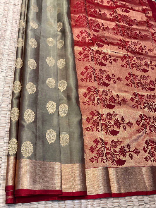 Light Grey Silk Saree With Red Pallu - Sai Varun SIlks