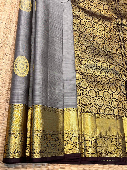 Kanchipuram Handloom Pure Silk Grey Saree - Sai Varun SIlks