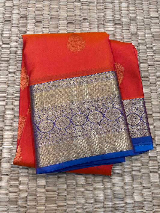 Orange Pink Silk Saree with Blue Border - Sai Varun SIlks