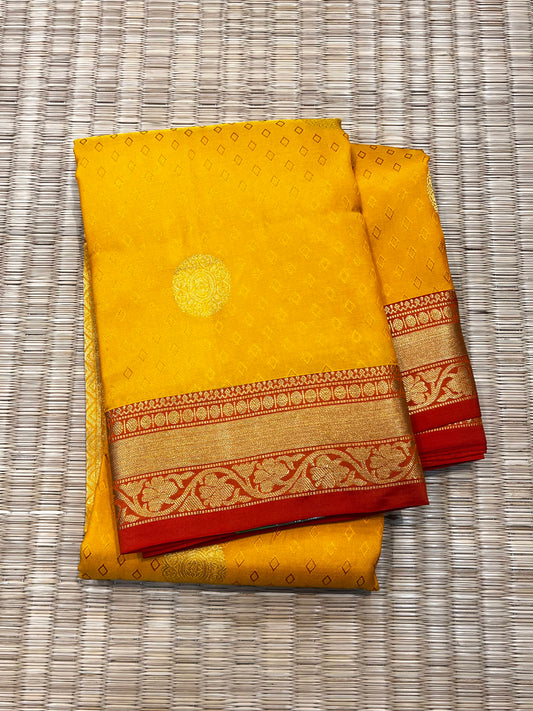 Yellow Pure Silk Saree with Orange Border - Sai Varun SIlks